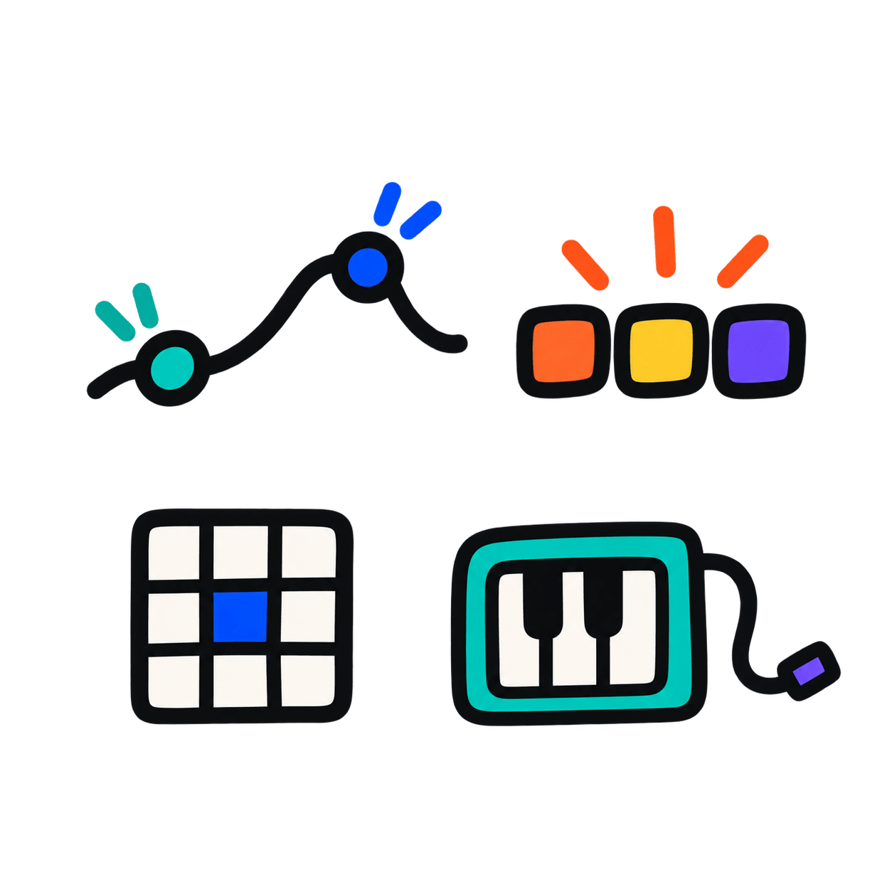 Four small hand-drawn ways to begin: a melody, a pulse, a note grid, and MIDI keys.